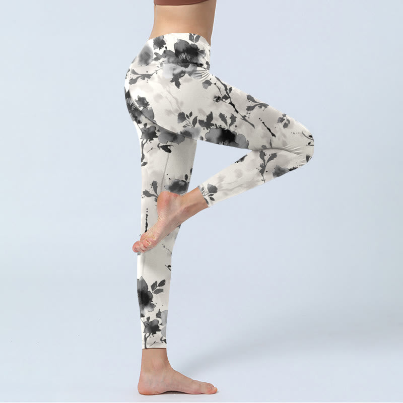 Buddha Stones Tuschemalerei Stil Blumenmuster Druck Gym Leggings Damen Yoga Hose - image 3
