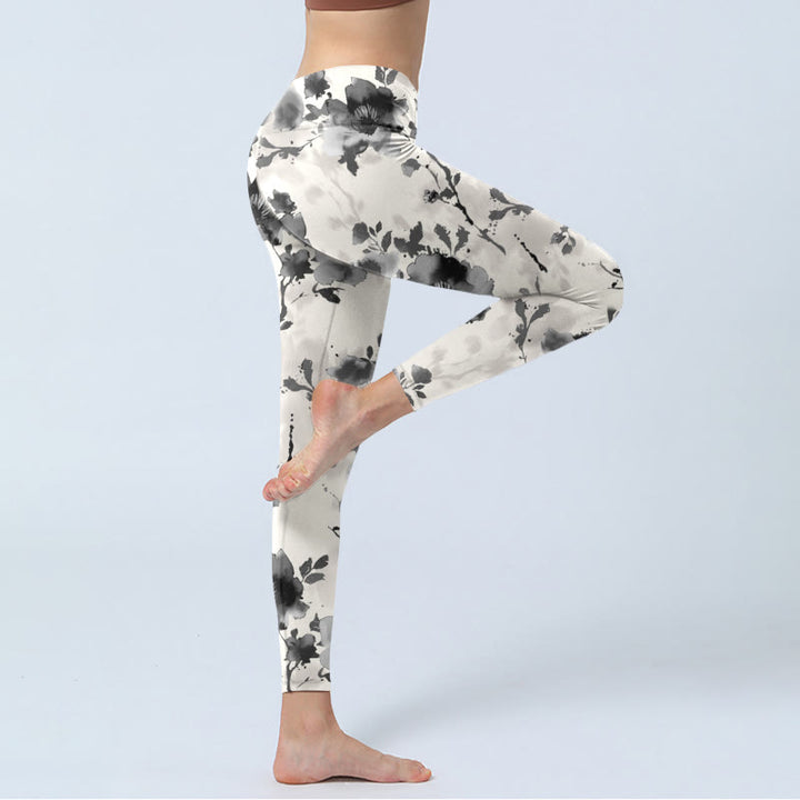 Buddha Stones Tuschemalerei Stil Blumenmuster Druck Gym Leggings Damen Yoga Hose - image 3