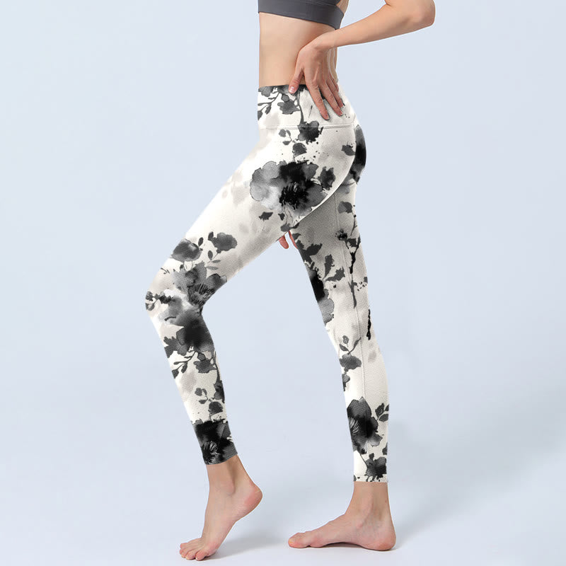 Buddha Stones Tuschemalerei Stil Blumenmuster Druck Gym Leggings Damen Yoga Hose - image 3