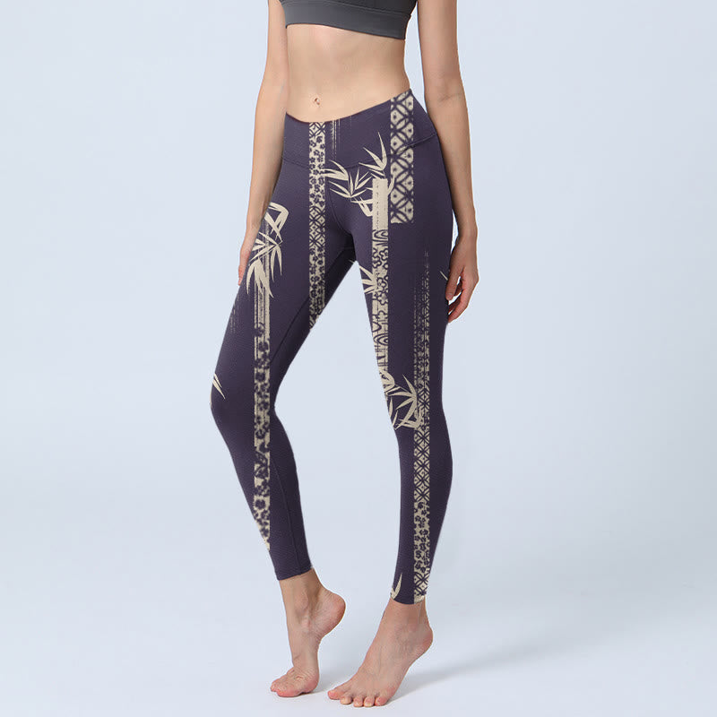 Buddha Stones Bambus Wasserwellenmuster Druck Gym Leggings Damen Yogahose - Schwarz - US18, UK/AU22, EU50 (4XL) - image 0