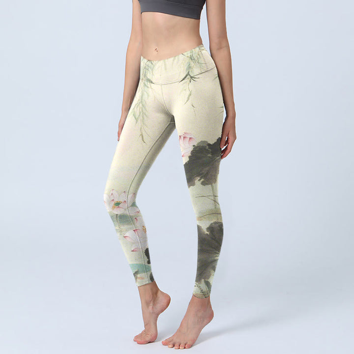 Buddha Stones, Weidenblätter, Lotusteich-Muster, Druck, Fitnessstudio-Leggings, Damen-Yogahose - Beige - US18， UK/AU22，EU50 (4XL) - image 1