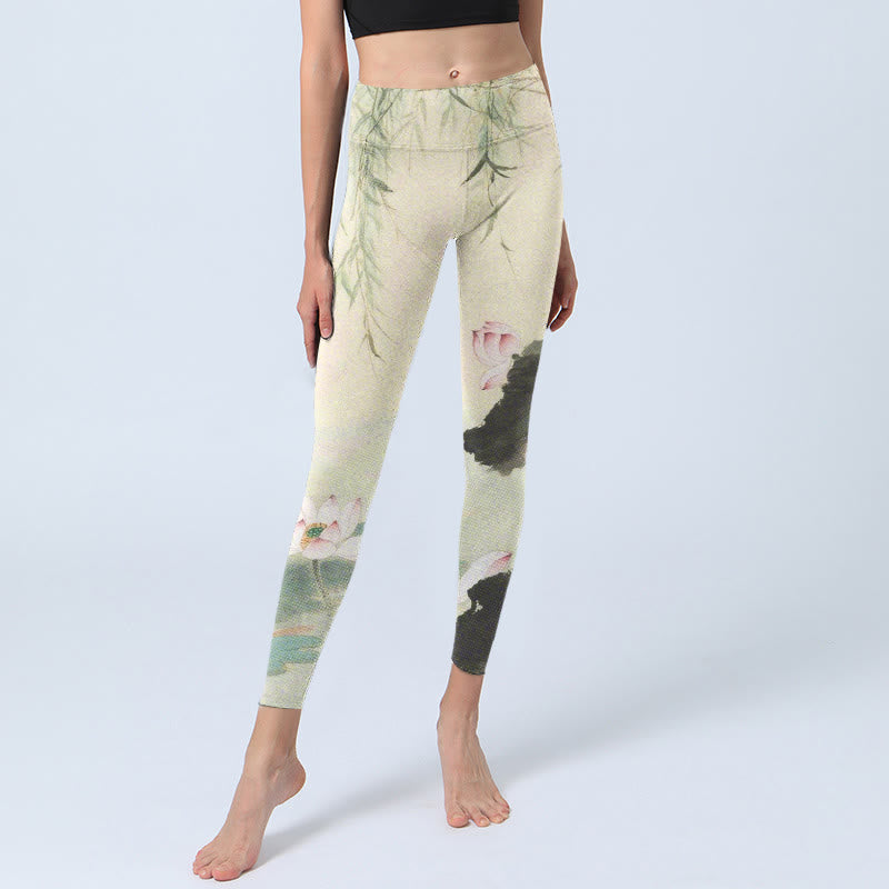 Buddha Stones, Weidenblätter, Lotusteich-Muster, Druck, Fitnessstudio-Leggings, Damen-Yogahose - image 6