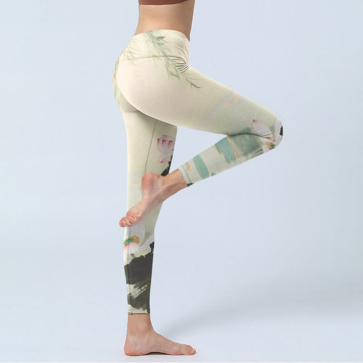 Buddha Stones, Weidenblätter, Lotusteich-Muster, Druck, Fitnessstudio-Leggings, Damen-Yogahose - image 3