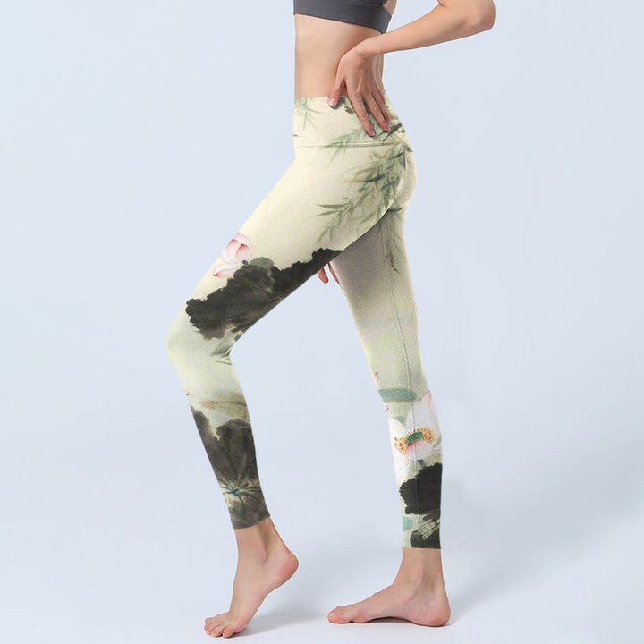 Buddha Stones, Weidenblätter, Lotusteich-Muster, Druck, Fitnessstudio-Leggings, Damen-Yogahose - image 2