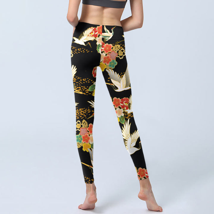 Buddha Stones Mandschurenkraniche Buntes Blumenmuster Druck Gym Leggings Damen Yogahose - image 6