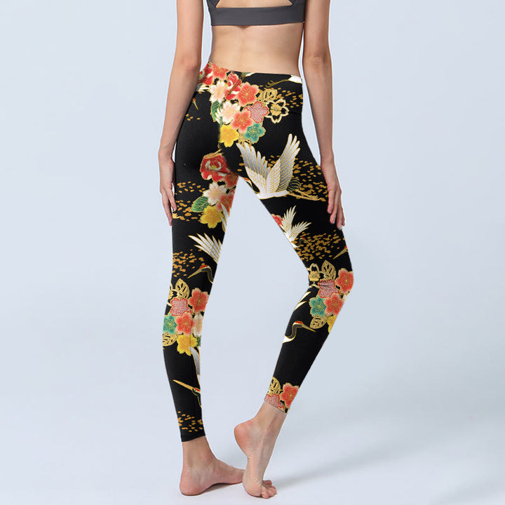 Buddha Stones Mandschurenkraniche Buntes Blumenmuster Druck Gym Leggings Damen Yogahose - image 3