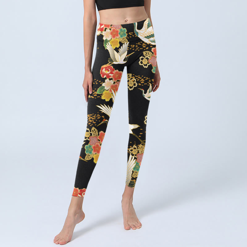 Buddha Stones Mandschurenkraniche Buntes Blumenmuster Druck Gym Leggings Damen Yogahose - image 5