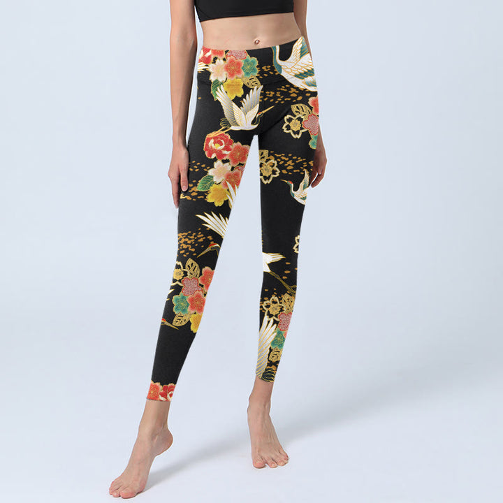Buddha Stones Mandschurenkraniche Buntes Blumenmuster Druck Gym Leggings Damen Yogahose - image 5
