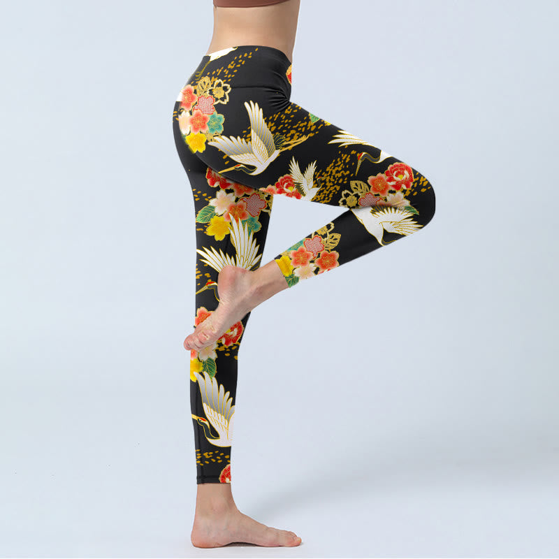Buddha Stones Mandschurenkraniche Buntes Blumenmuster Druck Gym Leggings Damen Yogahose - image 5