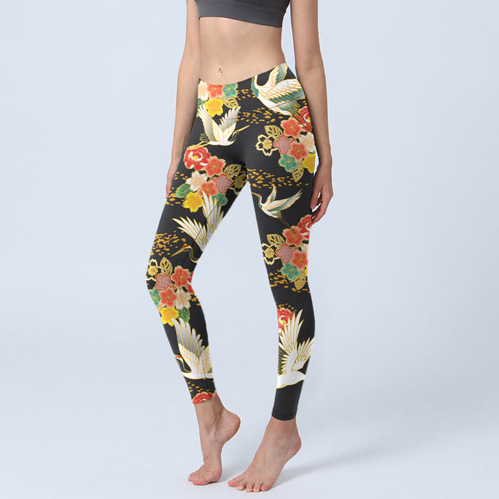 Buddha Stones Mandschurenkraniche Buntes Blumenmuster Druck Gym Leggings Damen Yogahose - Schwarz - US18， UK/AU22，EU50 (4XL) - image 1