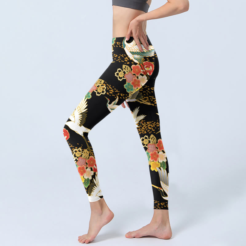 Buddha Stones Mandschurenkraniche Buntes Blumenmuster Druck Gym Leggings Damen Yogahose - image 2