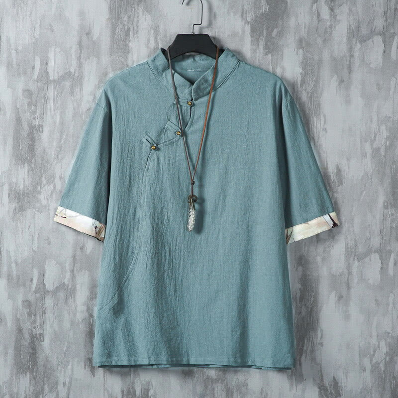 Buddha Stones Sommer Chinesischer Frosch-Knopf-Druck Herren Einfarbig Patchwork Halbarm Baumwoll-Leinen-Hemd - HellMeerGrün - US/ UK/AU46，EU56 (5XL) - image 0