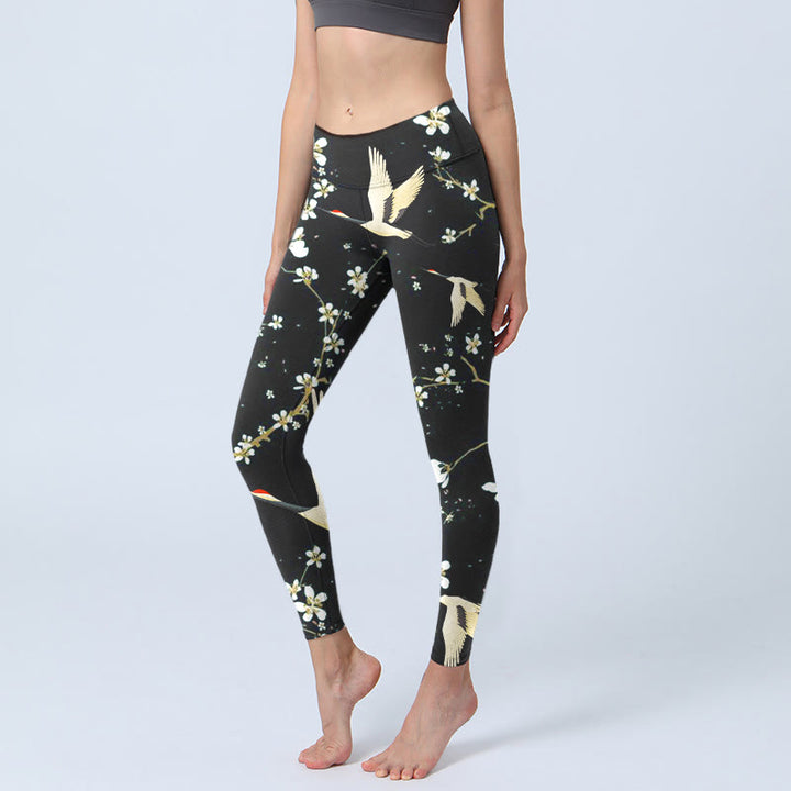 Buddha Stones, Mandschurenkraniche, Pflaumenblüten, Musterdruck, Gym-Leggings, Damen-Yogahose - Schwarz - US18, UK/AU22, EU50 (4XL) - image 0