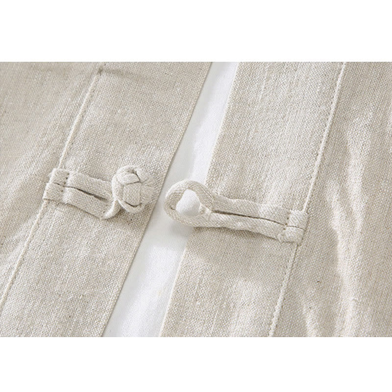 Buddha Stones Vintage Plain Tang Anzug Chinesischer Froschknopf Baumwollleinen Herrenhemd mit Taschen - image 4