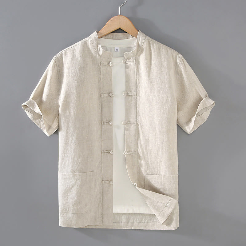 Buddha Stones Vintage Plain Tang Anzug Chinesischer Froschknopf Baumwollleinen Herrenhemd mit Taschen - Beige - US/ UK/AU46，EU56 (5XL) - image 1