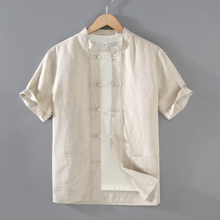 Buddha Stones Vintage Plain Tang Anzug Chinesischer Froschknopf Baumwollleinen Herrenhemd mit Taschen - Beige - US/ UK/AU46，EU56 (5XL) - image 1