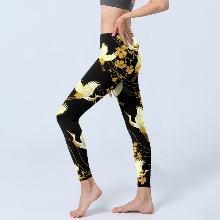 Buddha Stones, Mandschurenkraniche, goldene Blumen, Linienmuster, Druck, Gym-Leggings, Damen-Yogahose - image 3
