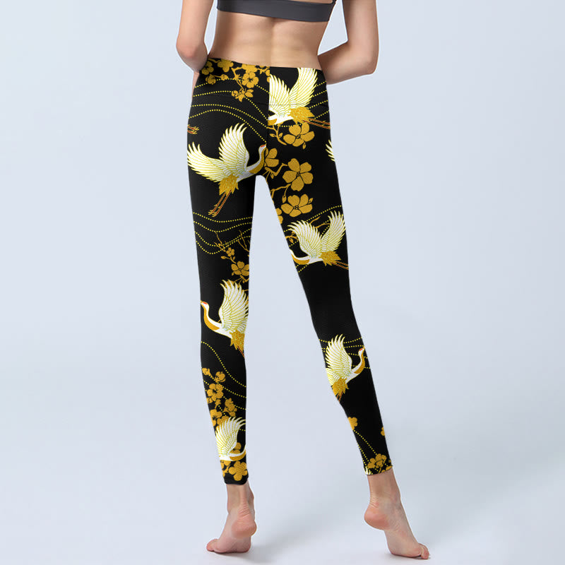 Buddha Stones, Mandschurenkraniche, goldene Blumen, Linienmuster, Druck, Gym-Leggings, Damen-Yogahose - image 7