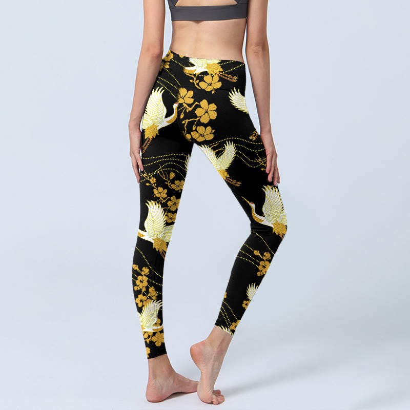 Buddha Stones, Mandschurenkraniche, goldene Blumen, Linienmuster, Druck, Gym-Leggings, Damen-Yogahose - image 4