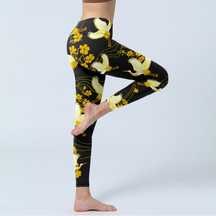Buddha Stones, Mandschurenkraniche, goldene Blumen, Linienmuster, Druck, Gym-Leggings, Damen-Yogahose - image 3