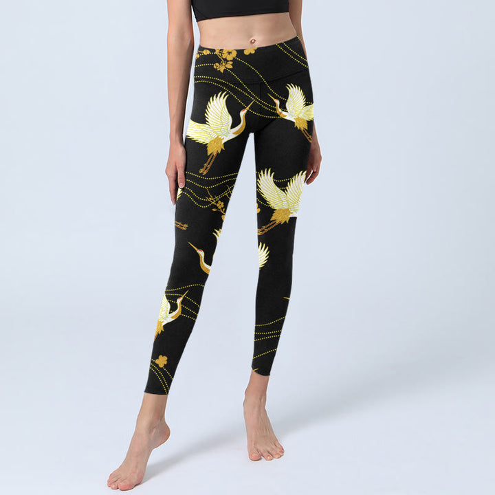Buddha Stones, Mandschurenkraniche, goldene Blumen, Linienmuster, Druck, Gym-Leggings, Damen-Yogahose - image 5