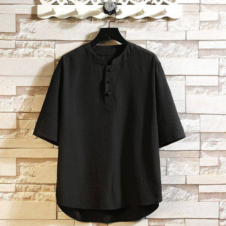 Buddha Stones Vintage Casual Einfarbig Herren Kurzarm Hemd Jacke - Schwarz - US/ UK/AU46, EU56 (5XL) - image 2