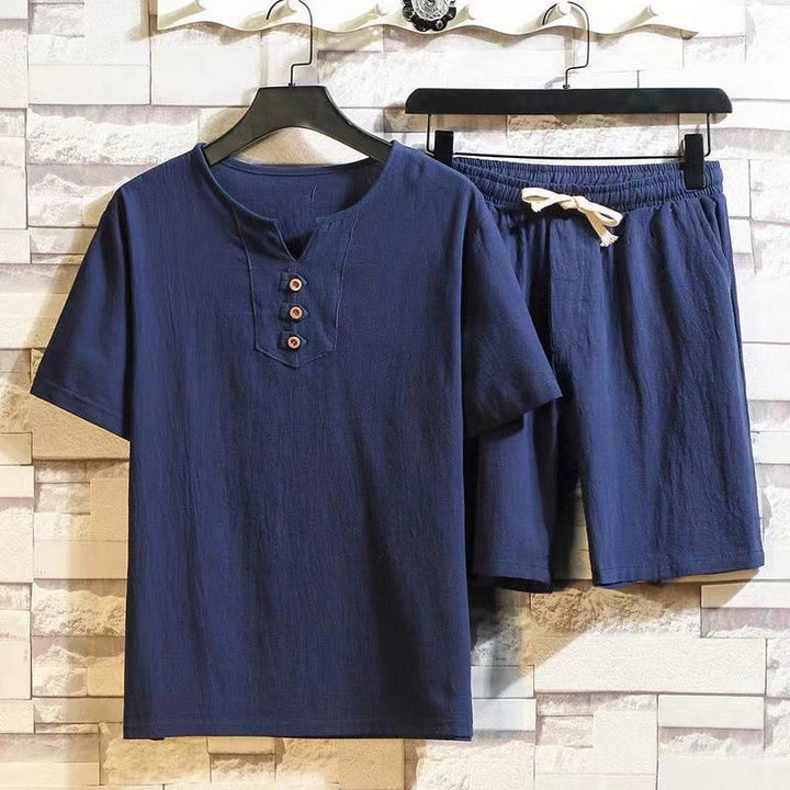 Buddha Stones Sommersport 2-teilig, einfarbig, T-Shirt mit gekerbtem Kragen, Kordelzug, kurze Hose mit Taschen, Herren-Meditationstuch-Set aus Baumwolle und Leinen