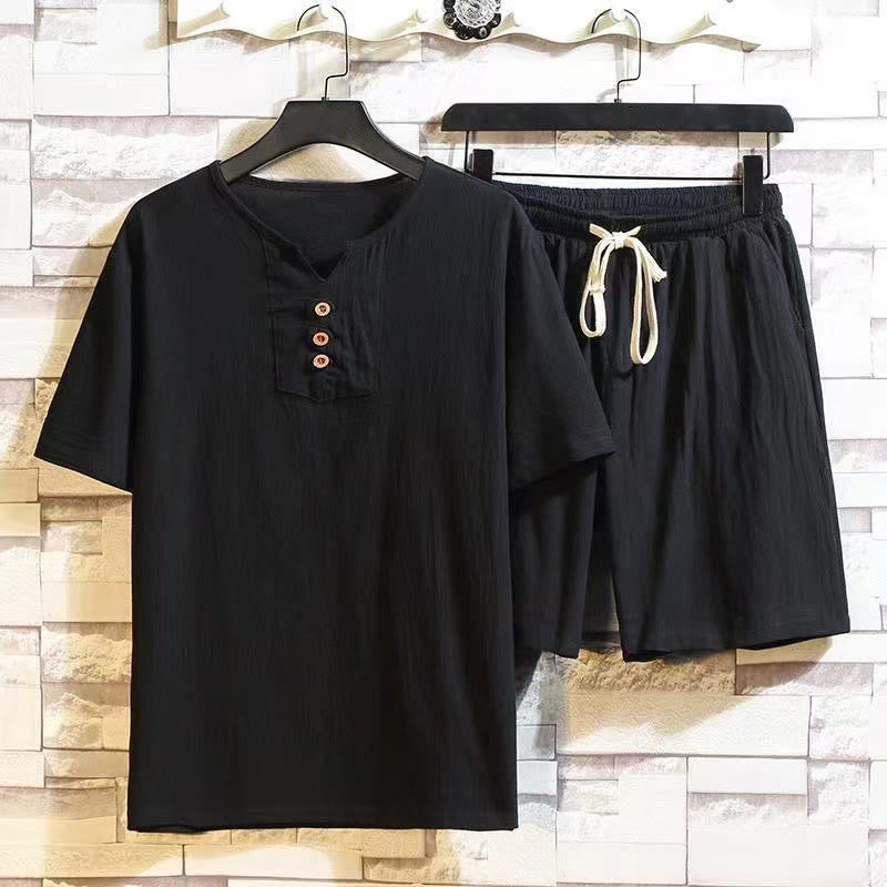 Buddha Stones Sommersport 2-teilig, einfarbig, T-Shirt mit gekerbtem Kragen, Kordelzug, kurze Hose mit Taschen, Herren-Meditationstuch-Set aus Baumwolle und Leinen