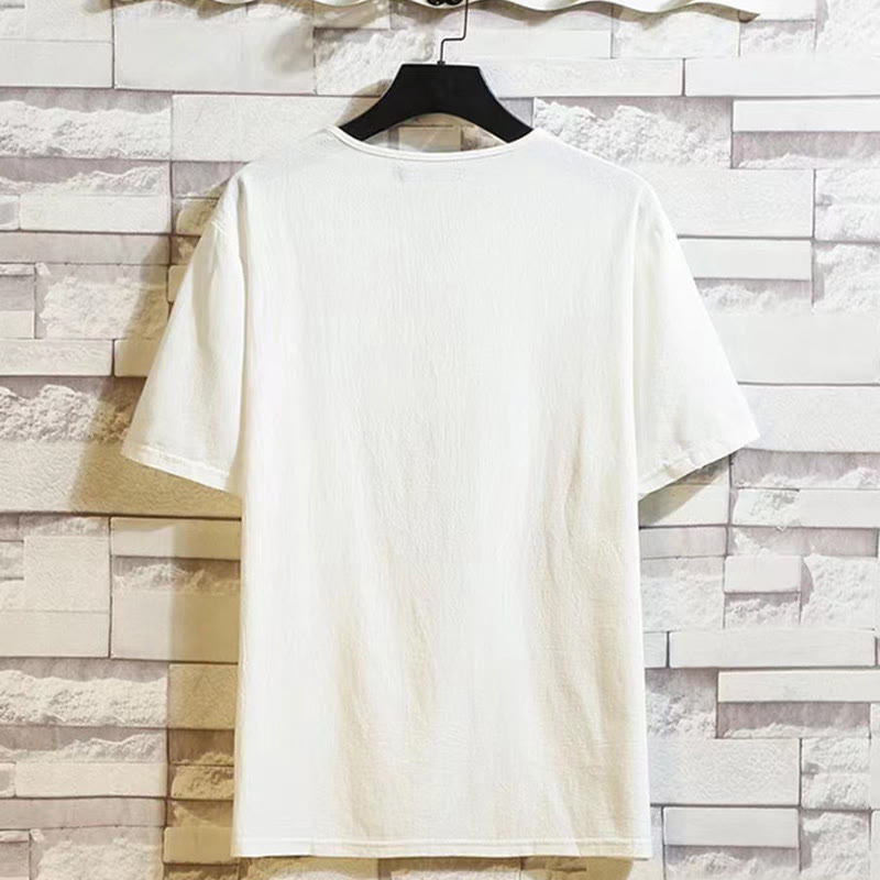 Buddha Stones Sommersport 2-teilig, einfarbig, T-Shirt mit gekerbtem Kragen, Kordelzug, kurze Hose mit Taschen, Herren-Meditationstuch-Set aus Baumwolle und Leinen