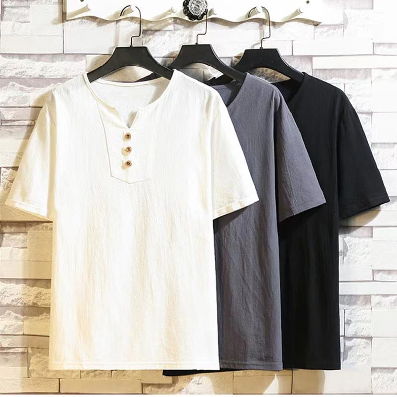 Buddha Stones Sommersport 2-teilig, einfarbig, T-Shirt mit gekerbtem Kragen, Kordelzug, kurze Hose mit Taschen, Herren-Meditationstuch-Set aus Baumwolle und Leinen