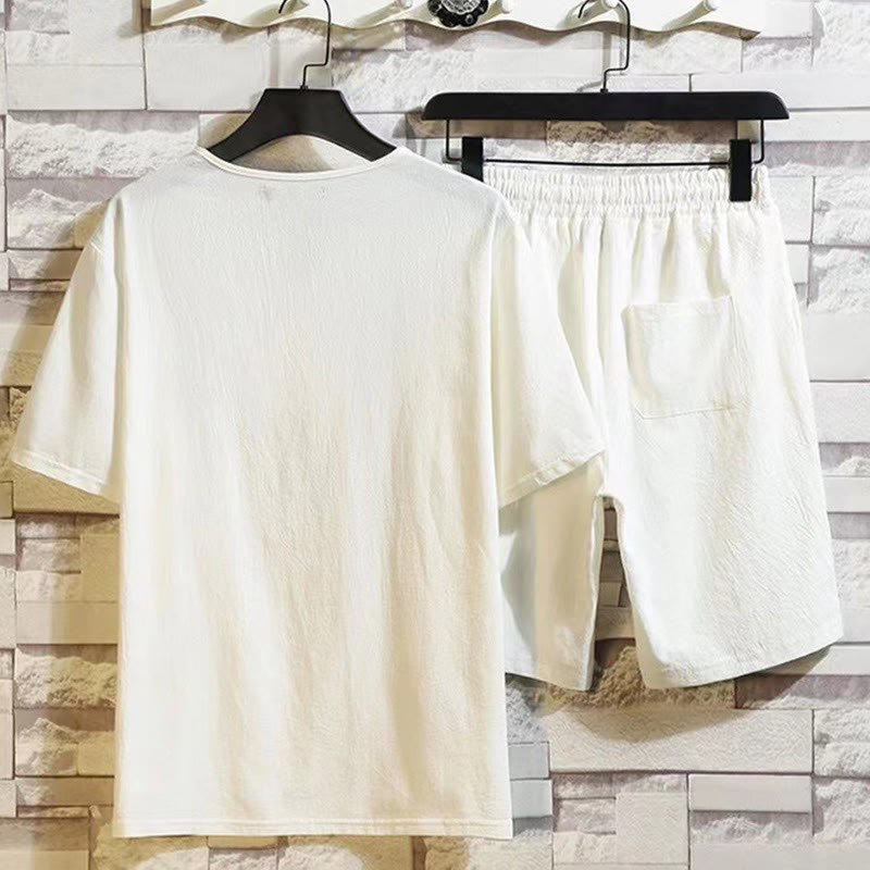 Buddha Stones Sommersport 2-teilig, einfarbig, T-Shirt mit gekerbtem Kragen, Kordelzug, kurze Hose mit Taschen, Herren-Meditationstuch-Set aus Baumwolle und Leinen