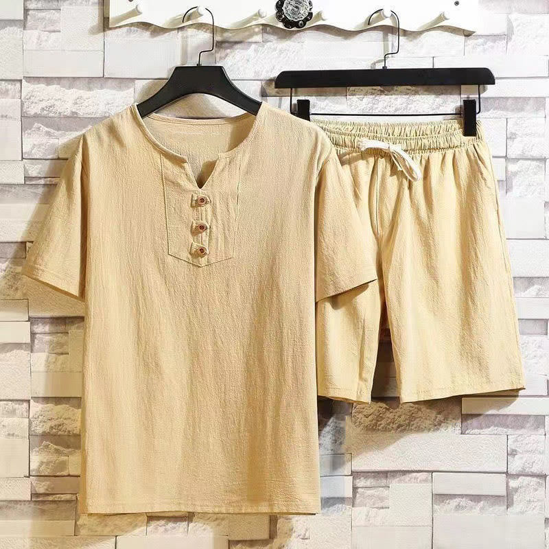 Buddha Stones 2-teiliges Kurzarm-T-Shirt mit Kordelzug und kurzen Hosen mit Taschen, Herren-Meditationstuch-Set aus Baumwolle und Leinen - Khaki - US/ UK/AU46，EU56 (5XL) - image 11