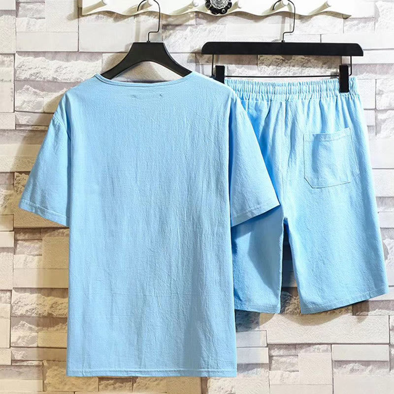 Buddha Stones Sommersport 2-teilig, einfarbig, T-Shirt mit gekerbtem Kragen, Kordelzug, kurze Hose mit Taschen, Herren-Meditationstuch-Set aus Baumwolle und Leinen