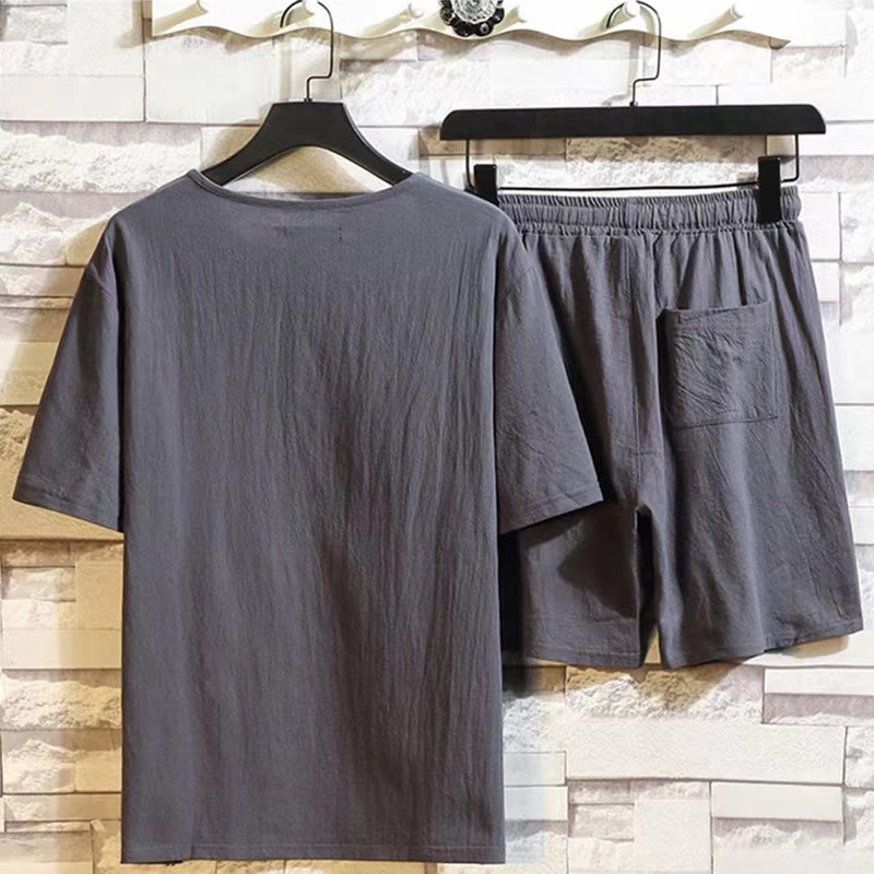 Buddha Stones Sommersport 2-teilig, einfarbig, T-Shirt mit gekerbtem Kragen, Kordelzug, kurze Hose mit Taschen, Herren-Meditationstuch-Set aus Baumwolle und Leinen
