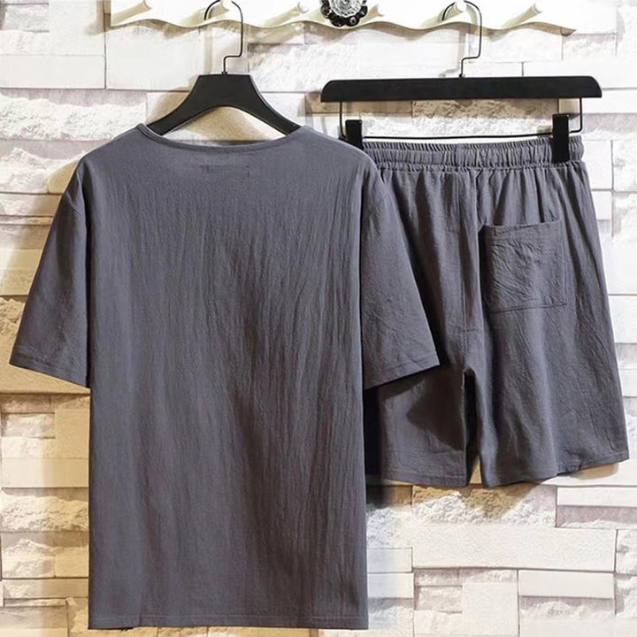 Buddha Stones Sommersport 2-teilig, einfarbig, T-Shirt mit gekerbtem Kragen, Kordelzug, kurze Hose mit Taschen, Herren-Meditationstuch-Set aus Baumwolle und Leinen