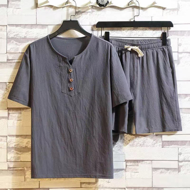Buddha Stones Sommersport 2-teilig, einfarbig, T-Shirt mit gekerbtem Kragen, Kordelzug, kurze Hose mit Taschen, Herren-Meditationstuch-Set aus Baumwolle und Leinen
