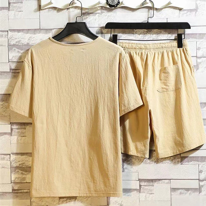 Buddha Stones Sommersport 2-teilig, einfarbig, T-Shirt mit gekerbtem Kragen, Kordelzug, kurze Hose mit Taschen, Herren-Meditationstuch-Set aus Baumwolle und Leinen