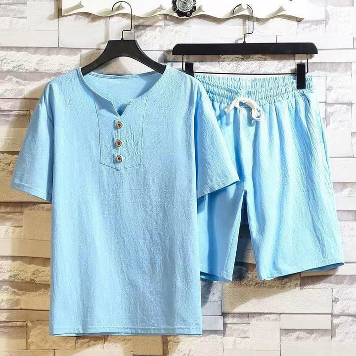 Buddha Stones Sommersport 2-teilig, einfarbig, T-Shirt mit gekerbtem Kragen, Kordelzug, kurze Hose mit Taschen, Herren-Meditationstuch-Set aus Baumwolle und Leinen