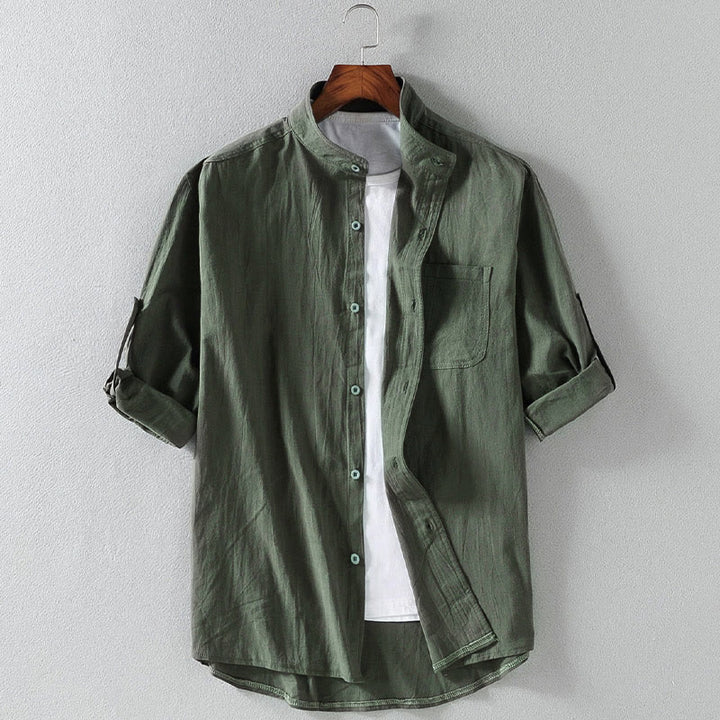 Buddha Stones Vintage Casual Plain Einreihiges Dreiviertelärmeliges Herrenhemd aus Baumwolle und Leinen mit Tasche