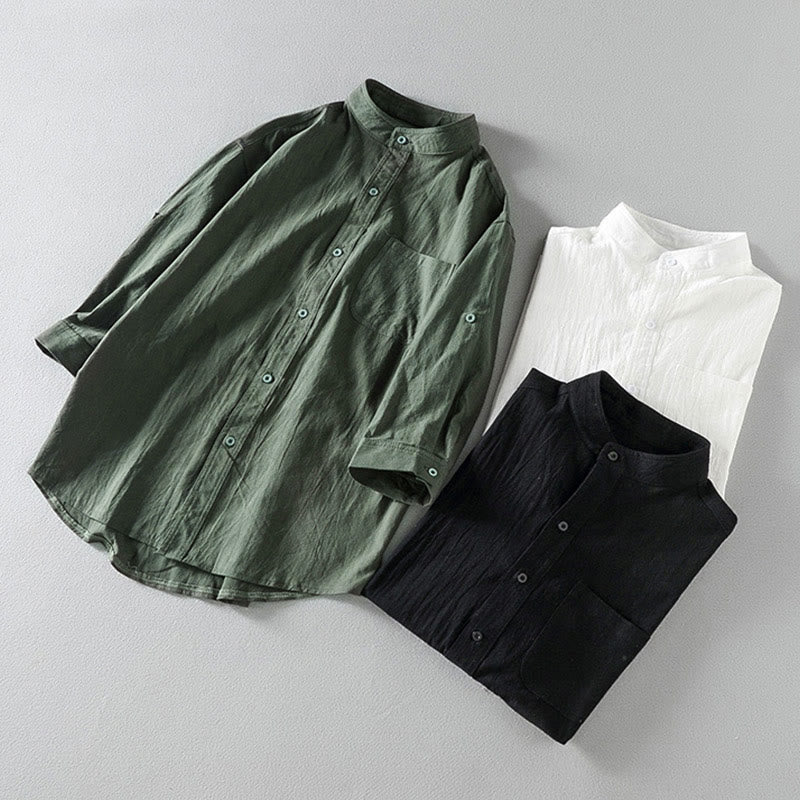 Buddha Stones Vintage Casual Plain Einreihiges Dreiviertelärmeliges Herrenhemd aus Baumwolle und Leinen mit Tasche - image 17