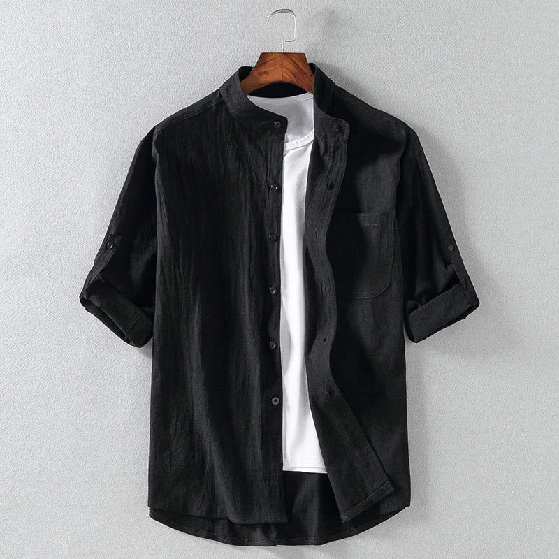 Buddha Stones Vintage Casual Plain Einreihiges Dreiviertelärmeliges Herrenhemd aus Baumwolle und Leinen mit Tasche