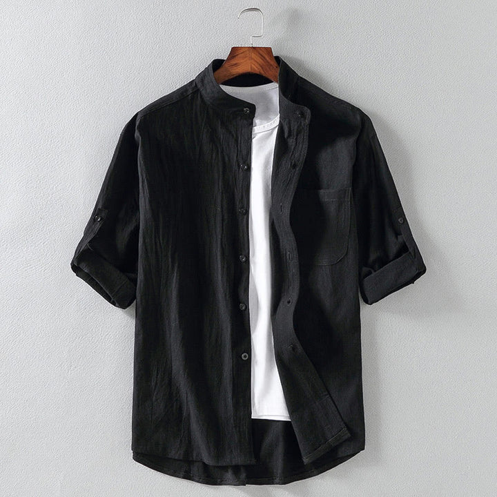 Buddha Stones Vintage Casual Plain Einreihiges Dreiviertelärmeliges Herrenhemd aus Baumwolle und Leinen mit Tasche
