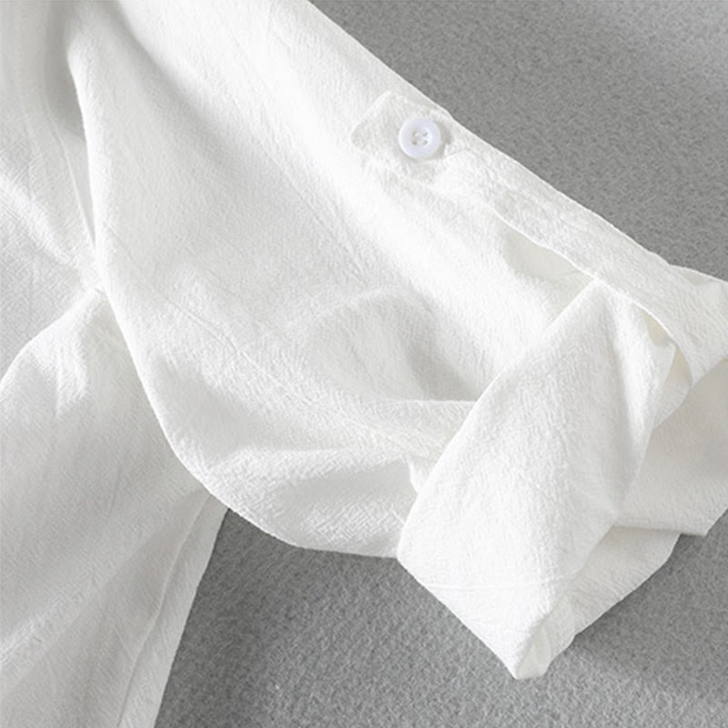 Buddha Stones Vintage Casual Plain Einreihiges Dreiviertelärmeliges Herrenhemd aus Baumwolle und Leinen mit Tasche - image 7