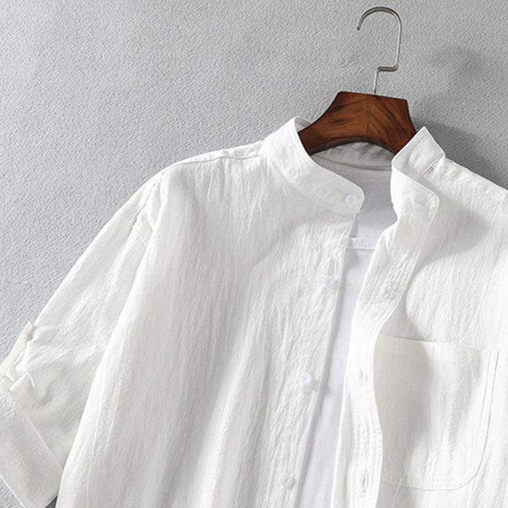 Buddha Stones Vintage Casual Plain Einreihiges Dreiviertelärmeliges Herrenhemd aus Baumwolle und Leinen mit Tasche - image 3