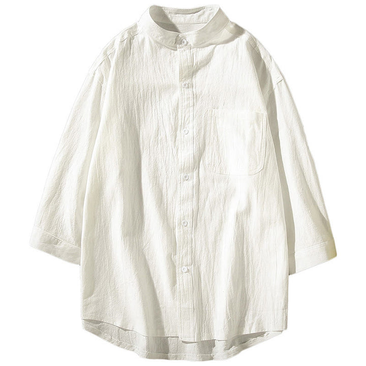 Buddha Stones Vintage Casual Plain Einreihiges Dreiviertelärmeliges Herrenhemd aus Baumwolle und Leinen mit Tasche - image 14