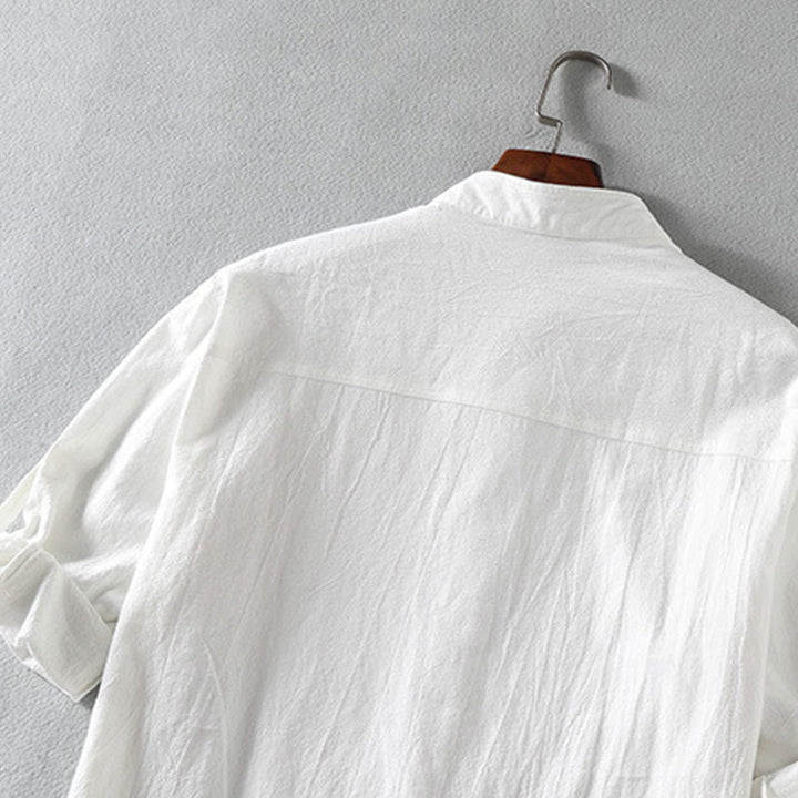 Buddha Stones Vintage Casual Plain Einreihiges Dreiviertelärmeliges Herrenhemd aus Baumwolle und Leinen mit Tasche