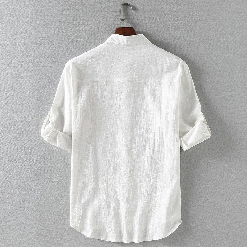Buddha Stones Vintage Casual Plain Einreihiges Dreiviertelärmeliges Herrenhemd aus Baumwolle und Leinen mit Tasche