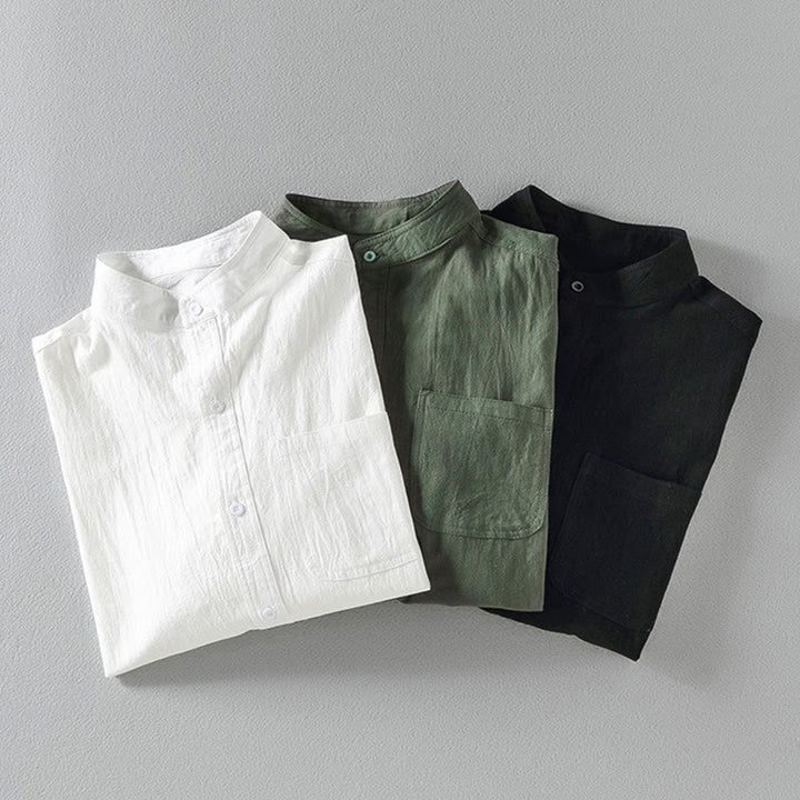 Buddha Stones Vintage Casual Plain Einreihiges Dreiviertelärmeliges Herrenhemd aus Baumwolle und Leinen mit Tasche - image 16