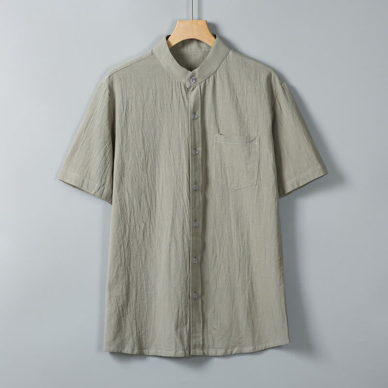 Buddha Stones Daily Printing Einfarbiges, einreihiges Herren-Kurzarmhemd aus Baumwollleinen mit Taschen - DunkelKhaki - US/ UK/AU46，EU56 (5XL) - image 12