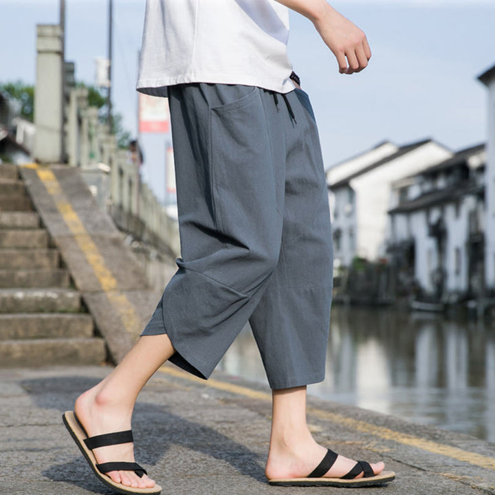 Buddha Stones Sommer-Hose aus Baumwolle und Leinen, lässig, schlicht, konisch zulaufendes Design, Kordelzug, Herrenhose in Länge 7–8, mit Taschen